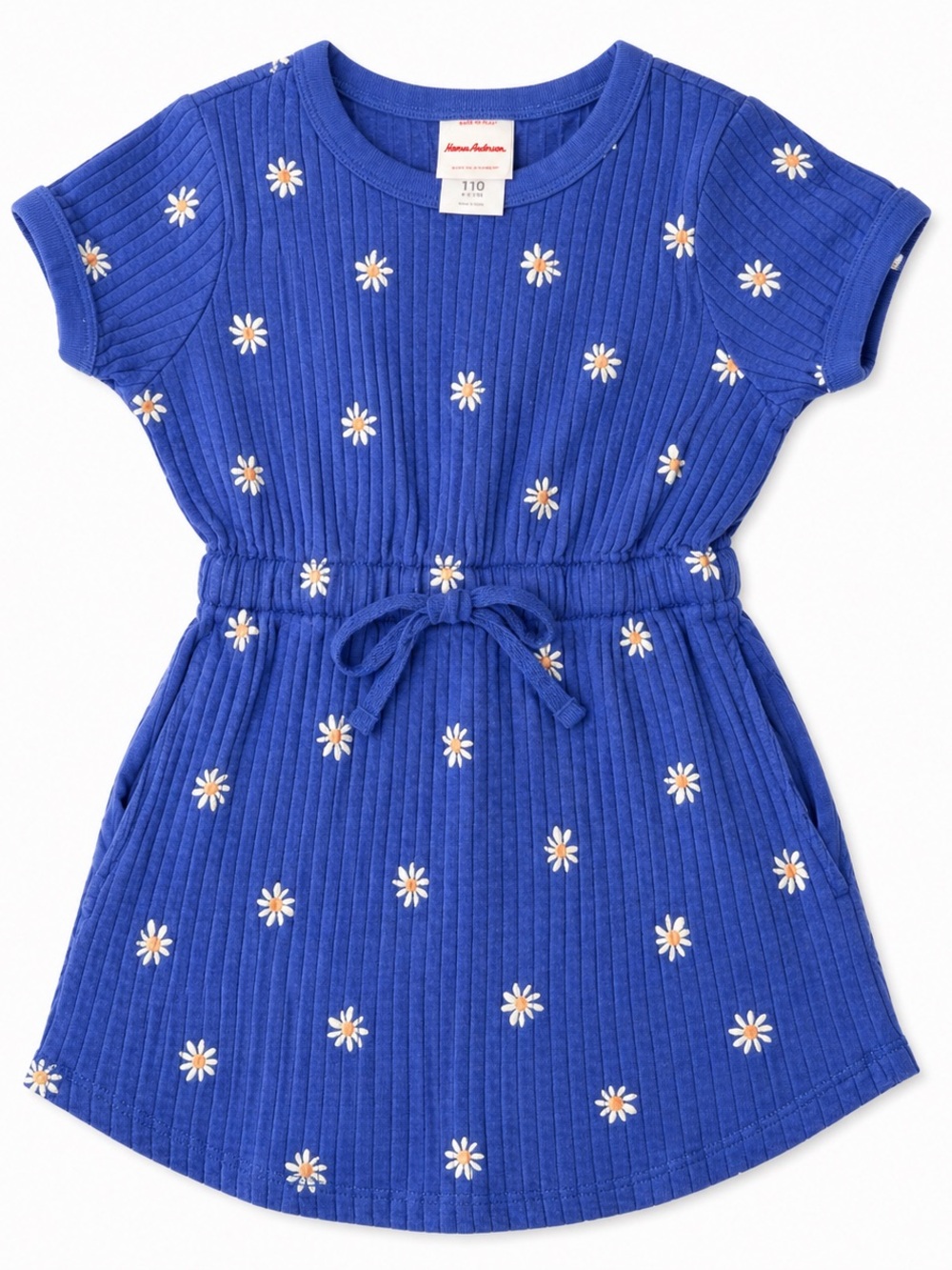 Hanna Andersson Royal Blue Daisy Drawstring Ribbed Dress